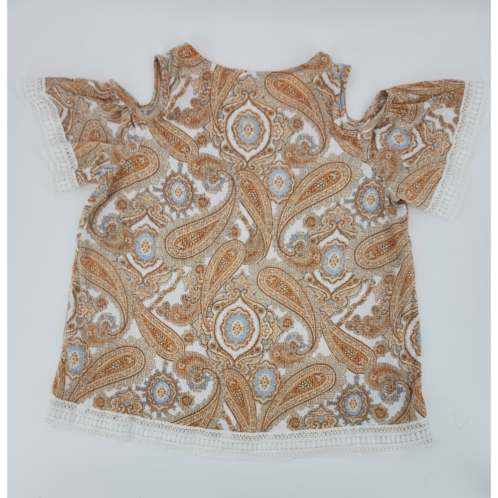 Est. 1946 Paisley Cold Shoulder Top Orange Blue Crochet Lace Trim Medium